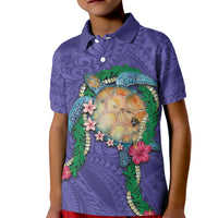 Hawaii Pikake and Maile Lei Kid Polo Shirt Honu Polynesian Pattern Purple Color