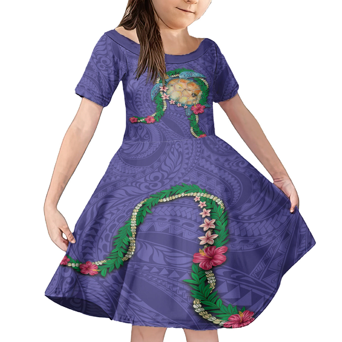 Hawaii Pikake and Maile Lei Kid Short Sleeve Dress Honu Polynesian Pattern Purple Color