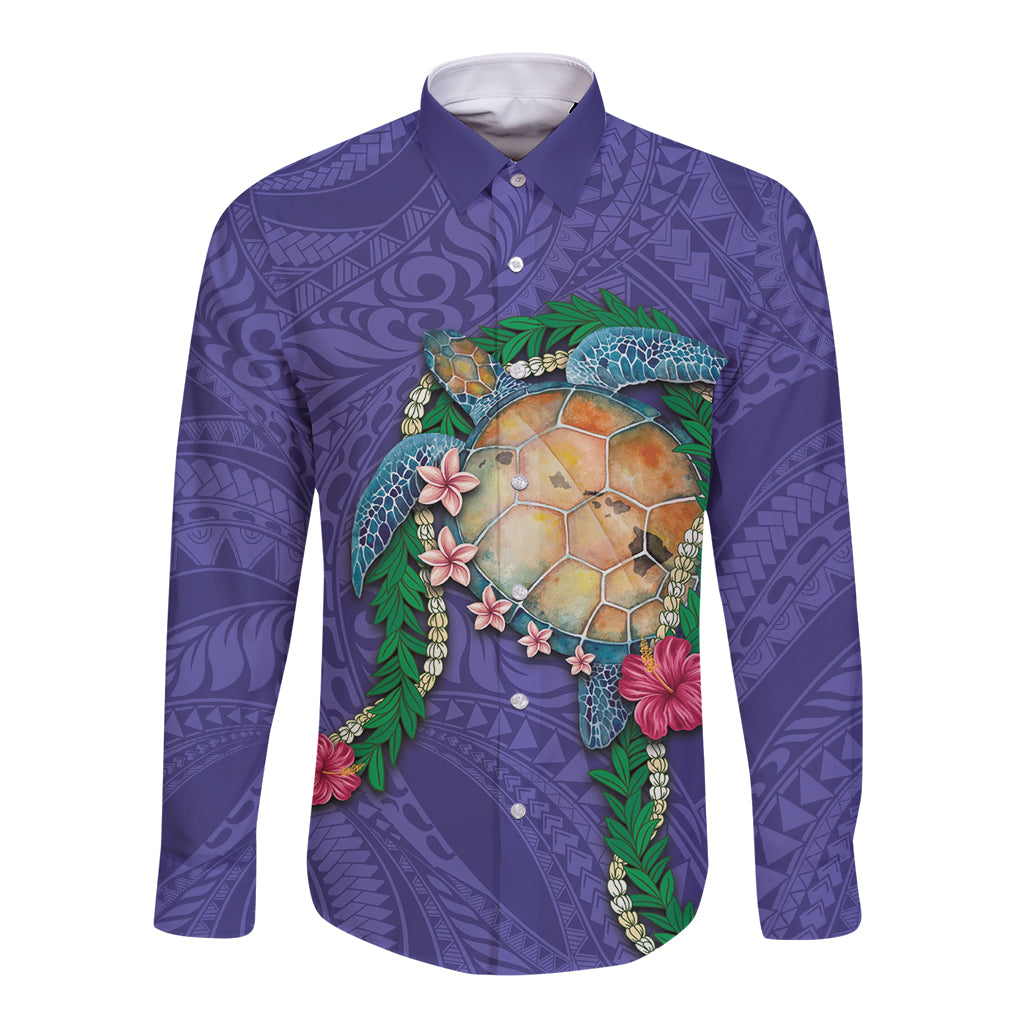 Hawaii Pikake and Maile Lei Long Sleeve Button Shirt Honu Polynesian Pattern Purple Color LT03 Unisex Purple - Polynesian Pride