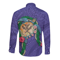 Hawaii Pikake and Maile Lei Long Sleeve Button Shirt Honu Polynesian Pattern Purple Color