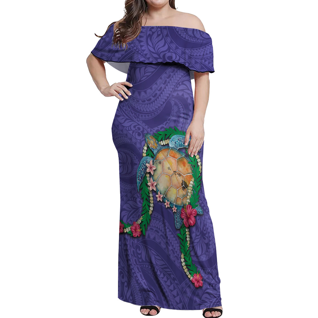 Hawaii Pikake and Maile Lei Off Shoulder Maxi Dress Honu Polynesian Pattern Purple Color