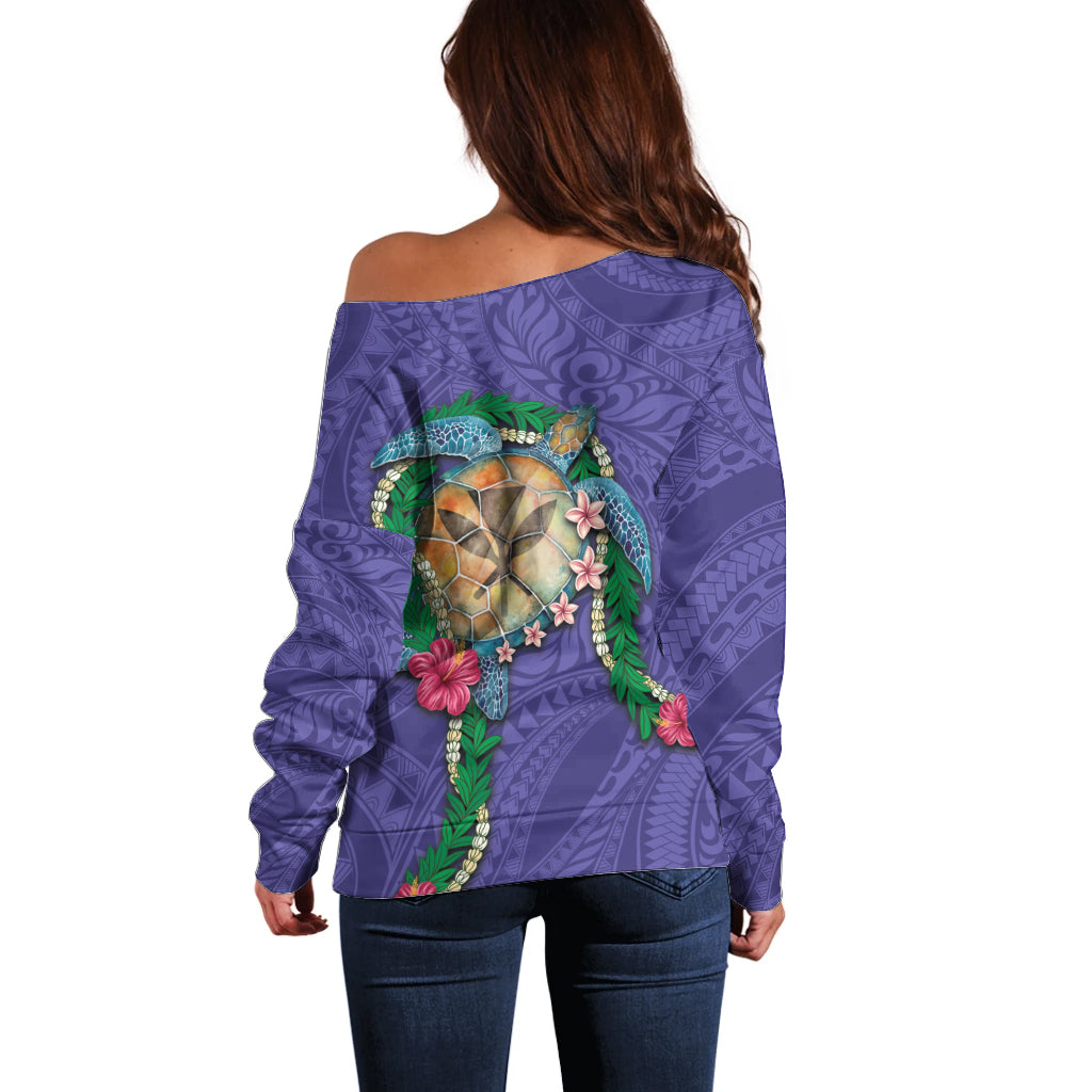 Hawaii Pikake and Maile Lei Off Shoulder Sweater Honu Polynesian Pattern Purple Color
