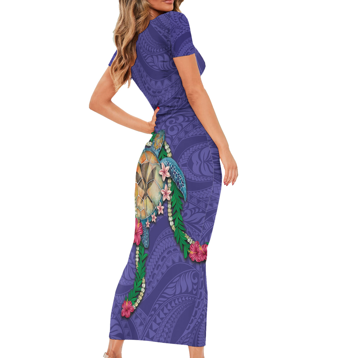 Hawaii Pikake and Maile Lei Short Sleeve Bodycon Dress Honu Polynesian Pattern Purple Color