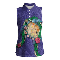 Hawaii Pikake and Maile Lei Women Sleeveless Polo Shirt Honu Polynesian Pattern Purple Color