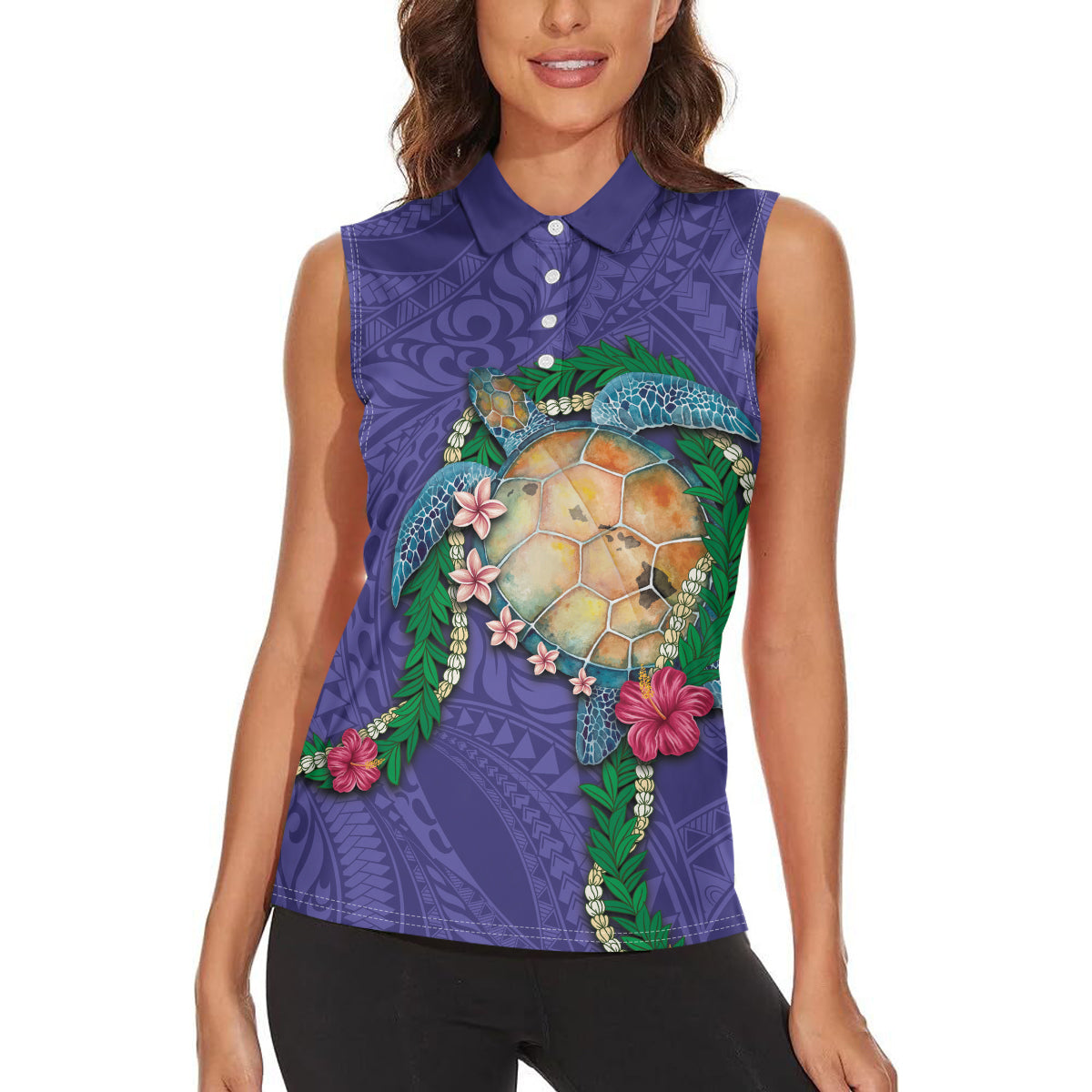 Hawaii Pikake and Maile Lei Women Sleeveless Polo Shirt Honu Polynesian Pattern Purple Color