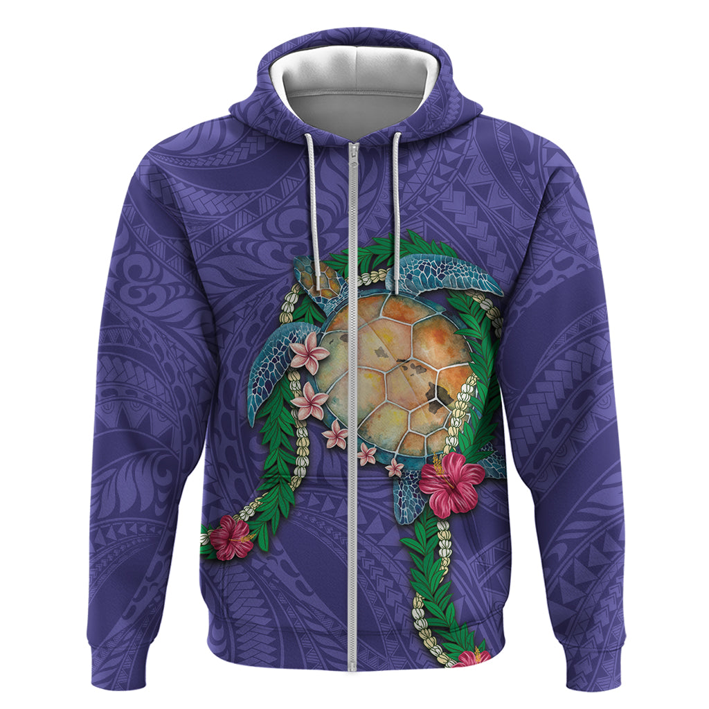 Hawaii Pikake and Maile Lei Zip Hoodie Honu Polynesian Pattern Purple Color