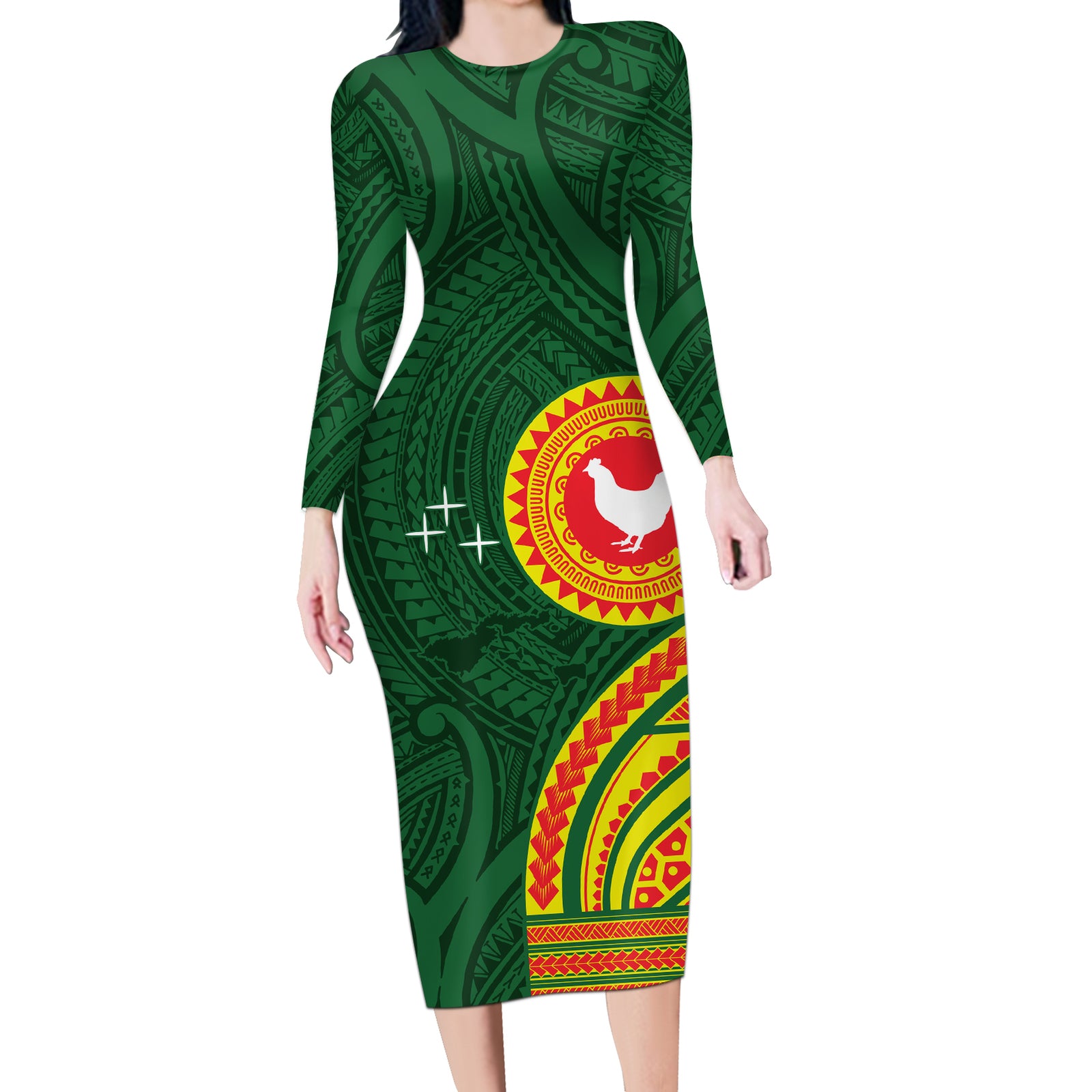 Manu'a Cession Day Long Sleeve Bodycon Dress Polynesian Pattern LT03 Long Dress Green - Polynesian Pride