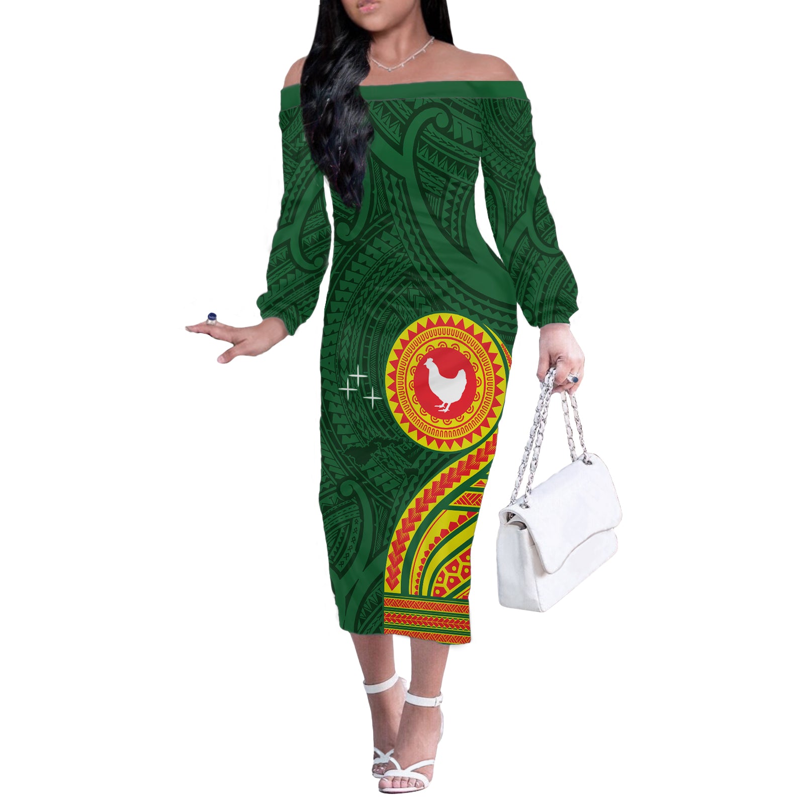 Manu'a Cession Day Off The Shoulder Long Sleeve Dress Polynesian Pattern LT03 Women Green - Polynesian Pride