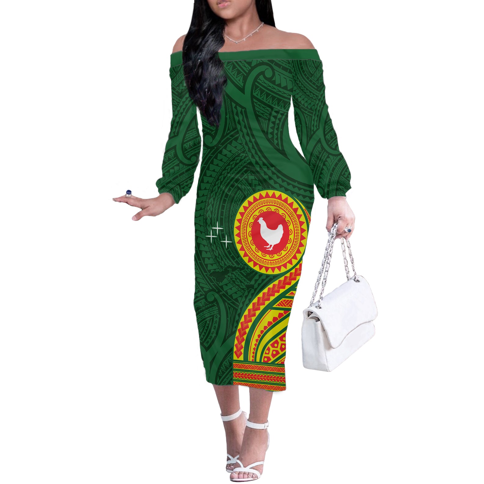 Manu'a Cession Day Off The Shoulder Long Sleeve Dress Polynesian Pattern