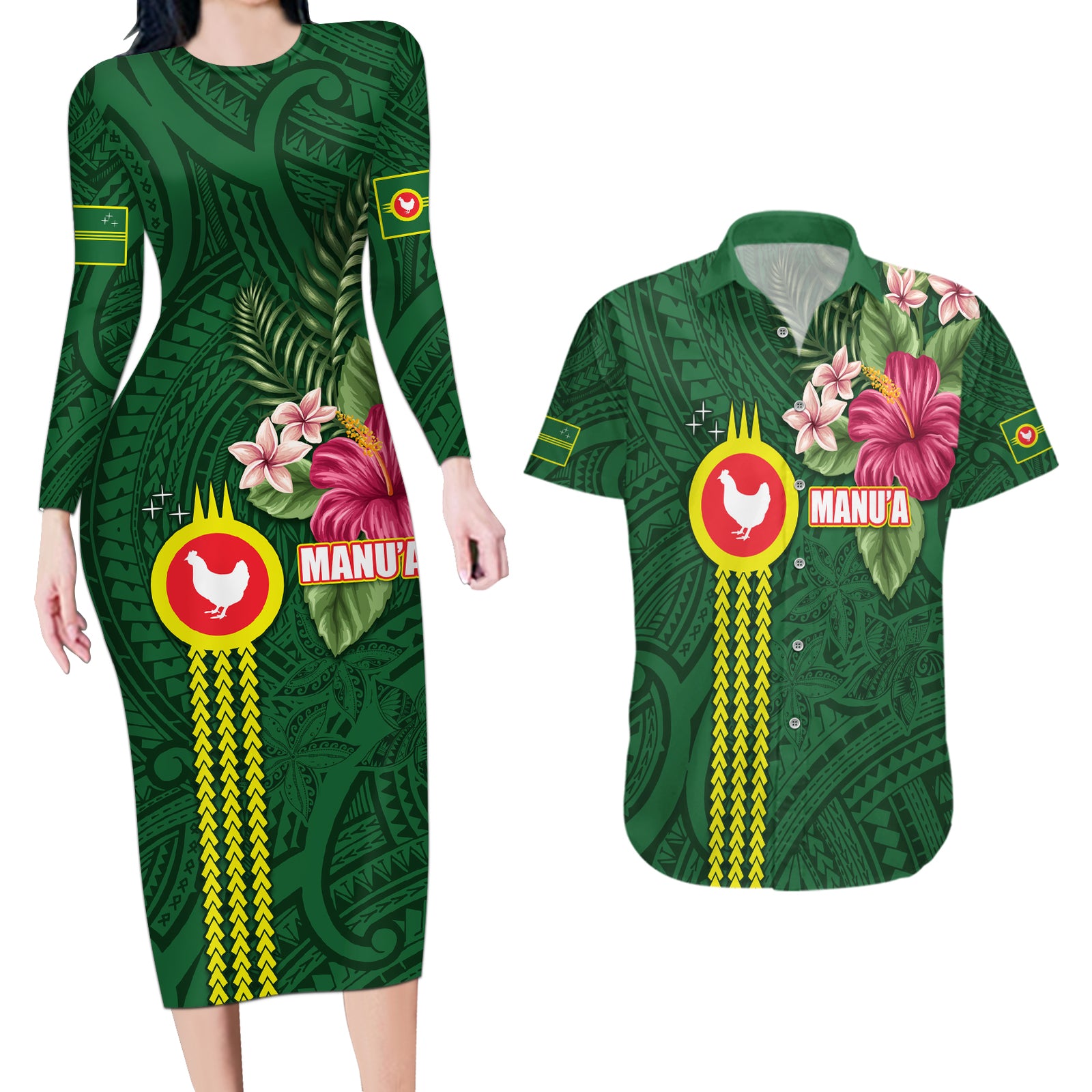 Manu'a Cession Day 120th Anniversary Couples Matching Long Sleeve Bodycon Dress and Hawaiian Shirt Polynesian Pattern and Hibiscus Flower LT03 Green - Polynesian Pride