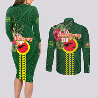 Manu'a Cession Day 120th Anniversary Couples Matching Long Sleeve Bodycon Dress and Long Sleeve Button Shirt Polynesian Pattern and Hibiscus Flower