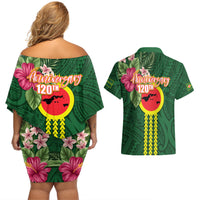 Manu'a Cession Day 120th Anniversary Couples Matching Off Shoulder Short Dress and Hawaiian Shirt Polynesian Pattern and Hibiscus Flower