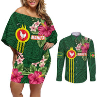Manu'a Cession Day 120th Anniversary Couples Matching Off Shoulder Short Dress and Long Sleeve Button Shirt Polynesian Pattern and Hibiscus Flower