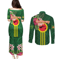 Manu'a Cession Day 120th Anniversary Couples Matching Puletasi and Long Sleeve Button Shirt Polynesian Pattern and Hibiscus Flower