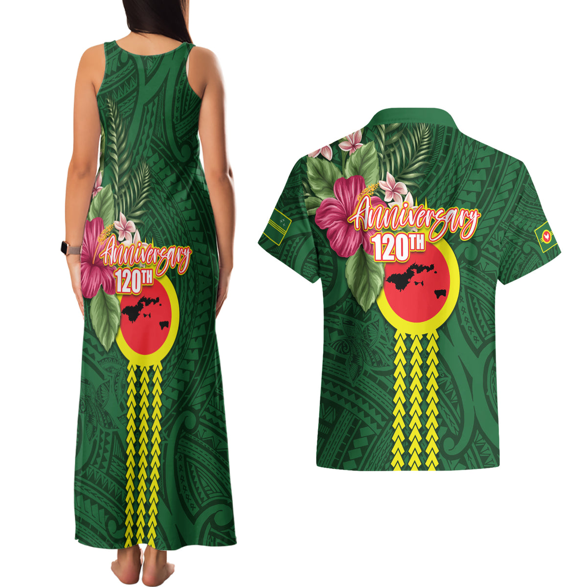 Manu'a Cession Day 120th Anniversary Couples Matching Tank Maxi Dress and Hawaiian Shirt Polynesian Pattern and Hibiscus Flower