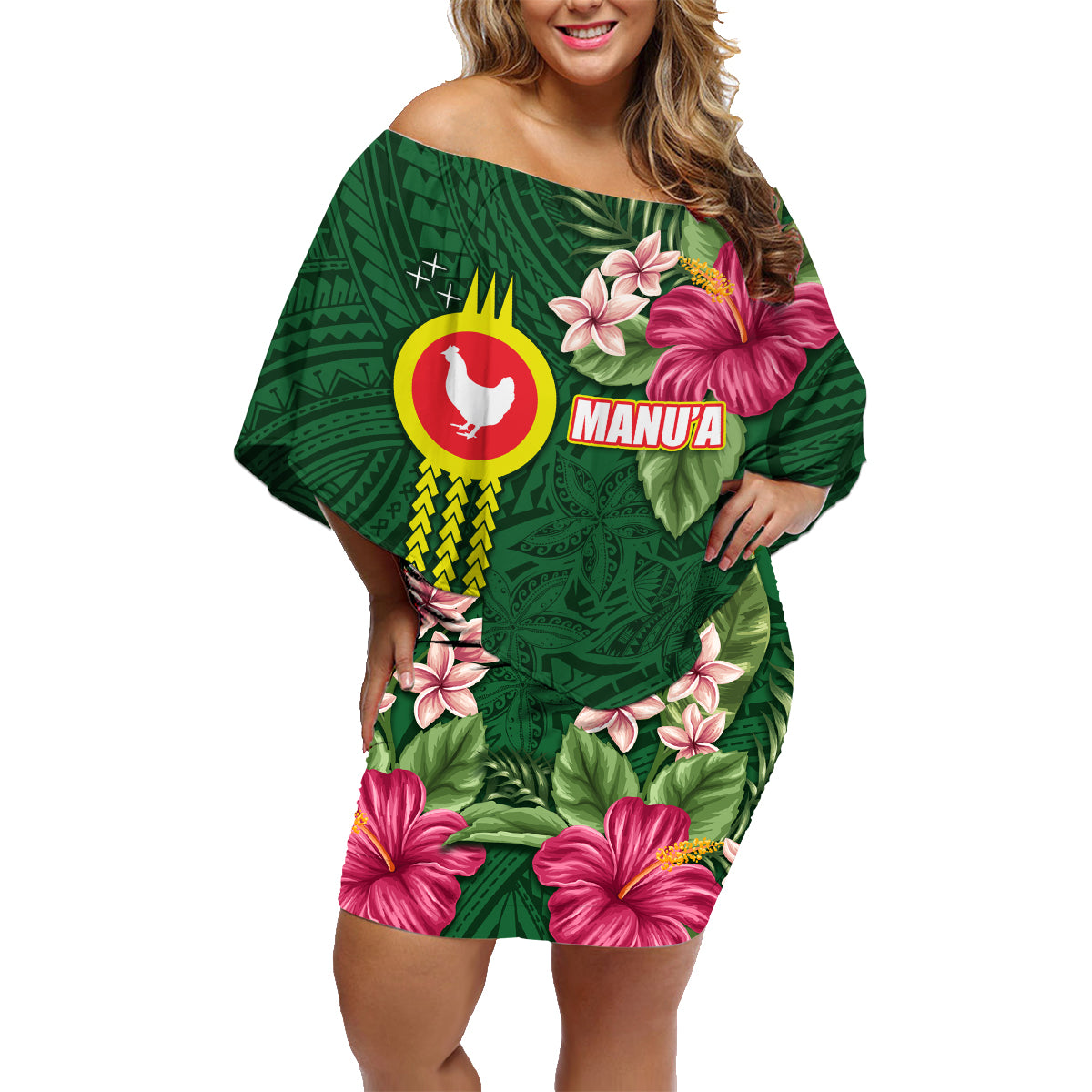 Manu'a Cession Day 120th Anniversary Family Matching Off Shoulder Short Dress and Hawaiian Shirt Polynesian Pattern and Hibiscus Flower