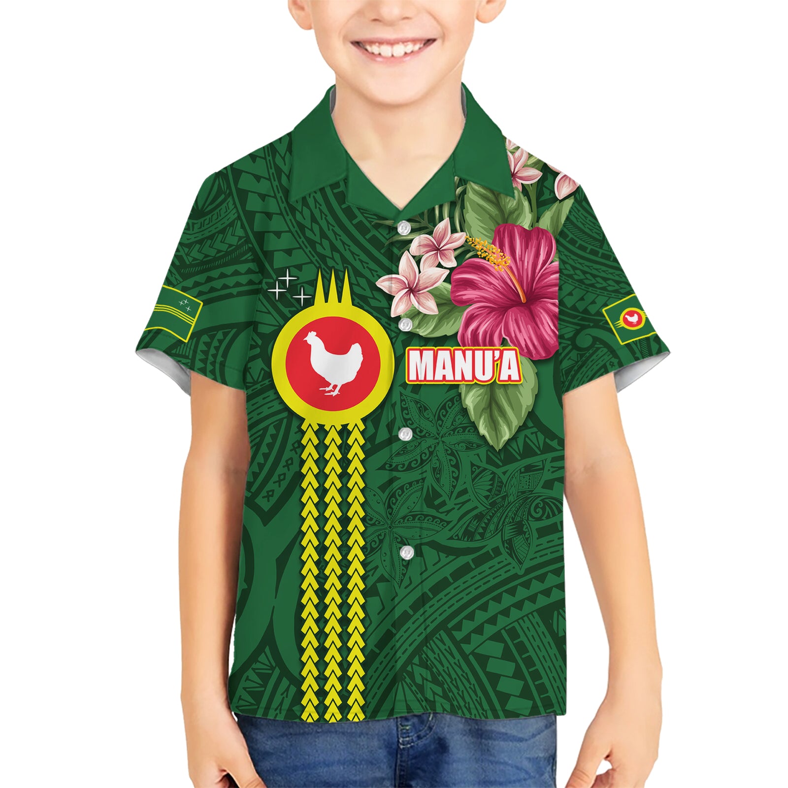 Manu'a Cession Day 120th Anniversary Kid Hawaiian Shirt Polynesian Pattern and Hibiscus Flower LT03 Kid Green - Polynesian Pride
