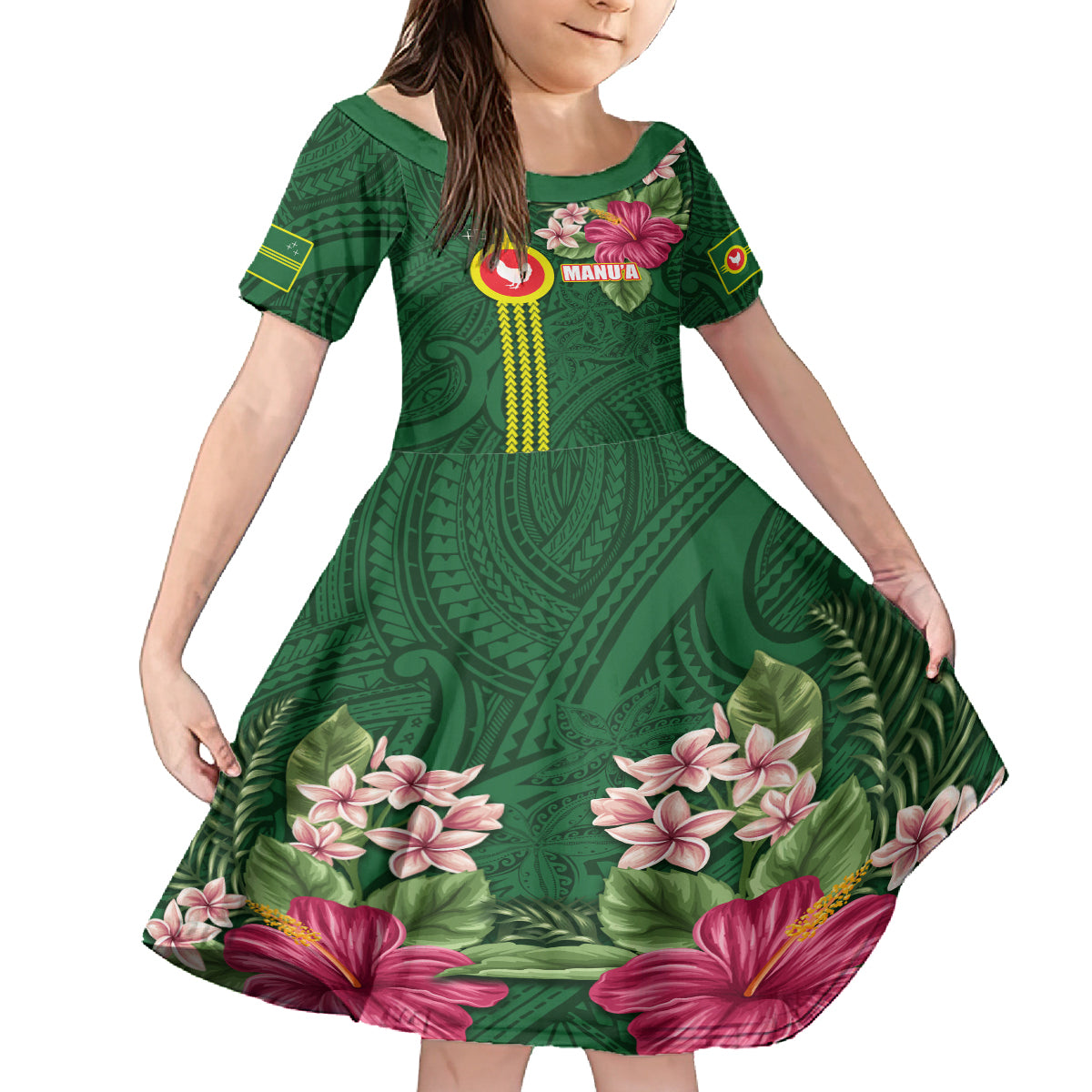 Manu'a Cession Day 120th Anniversary Kid Short Sleeve Dress Polynesian Pattern and Hibiscus Flower