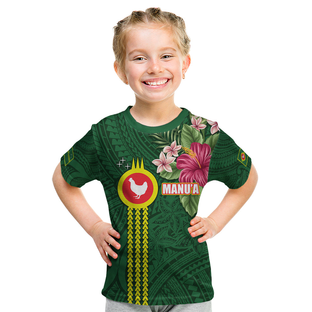 Manu'a Cession Day 120th Anniversary Kid T Shirt Polynesian Pattern and Hibiscus Flower LT03 Green - Polynesian Pride