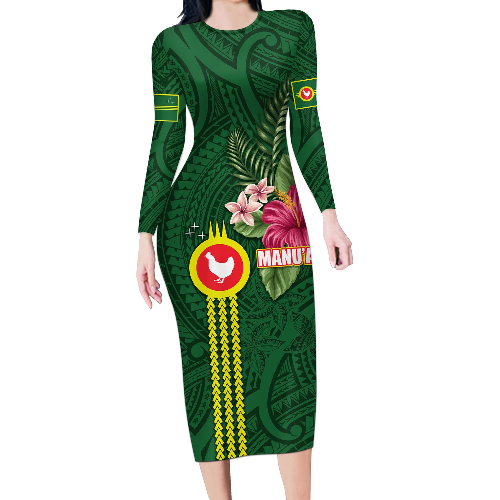 Manu'a Cession Day 120th Anniversary Long Sleeve Bodycon Dress Polynesian Pattern and Hibiscus Flower LT03 Long Dress Green - Polynesian Pride