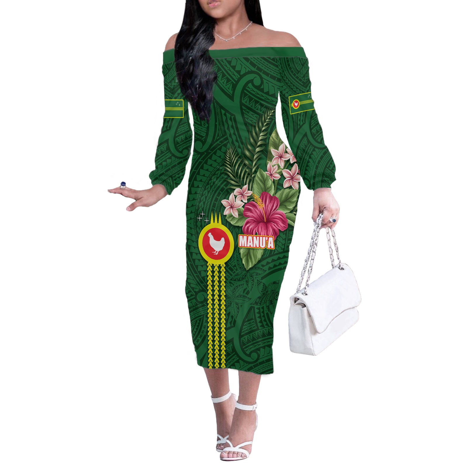 Manu'a Cession Day 120th Anniversary Off The Shoulder Long Sleeve Dress Polynesian Pattern and Hibiscus Flower LT03 Women Green - Polynesian Pride