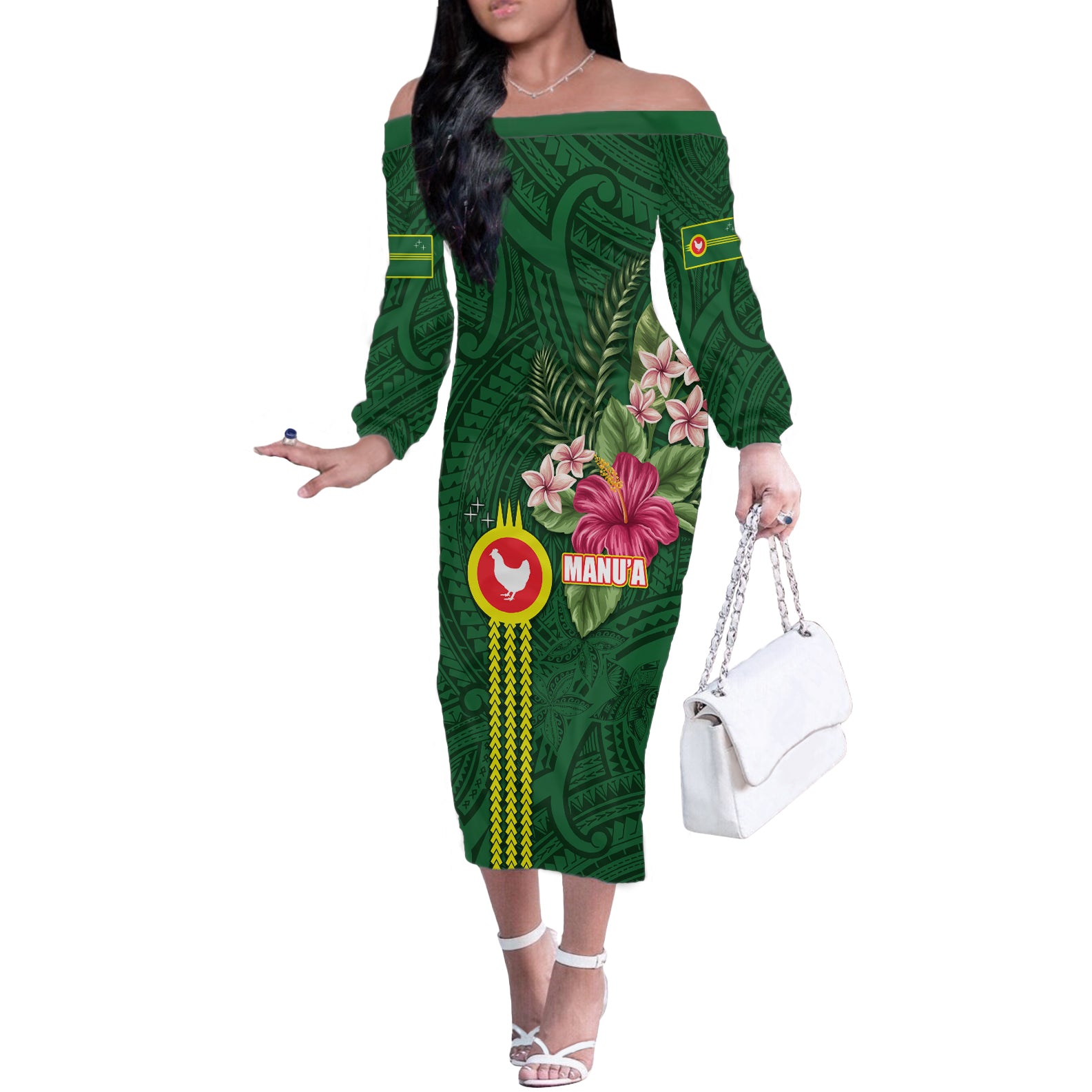 Manu'a Cession Day 120th Anniversary Off The Shoulder Long Sleeve Dress Polynesian Pattern and Hibiscus Flower