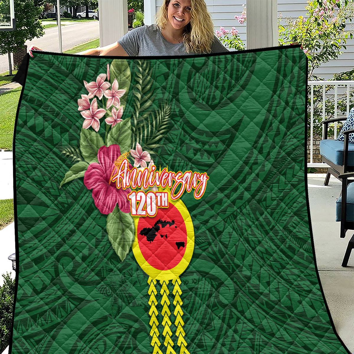 Manu'a Cession Day 120th Anniversary Quilt Polynesian Pattern and Hibiscus Flower LT03 Green - Polynesian Pride
