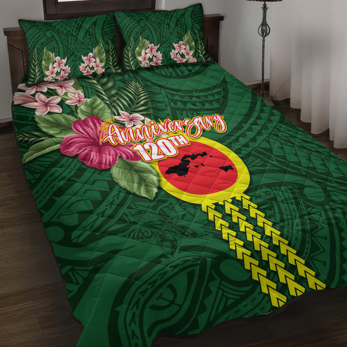Manu'a Cession Day 120th Anniversary Quilt Bed Set Polynesian Pattern and Hibiscus Flower LT03 Green - Polynesian Pride