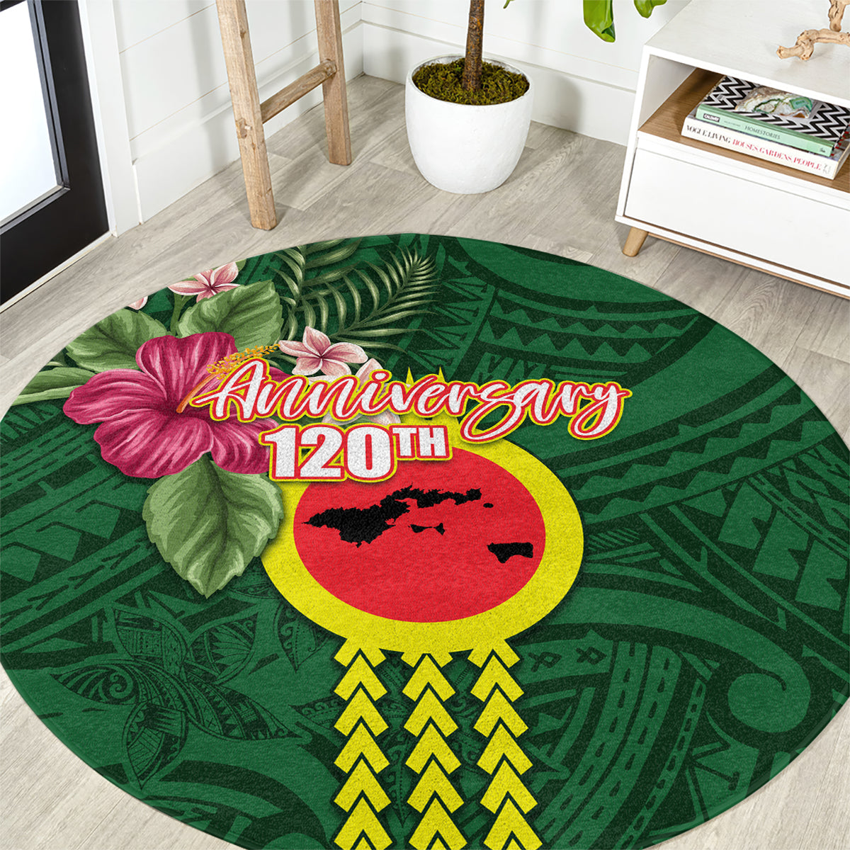 Manu'a Cession Day 120th Anniversary Round Carpet Polynesian Pattern and Hibiscus Flower