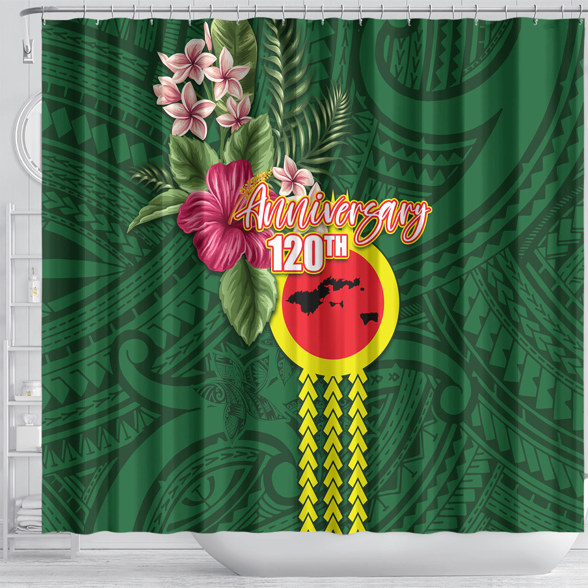 Manu'a Cession Day 120th Anniversary Shower Curtain Polynesian Pattern and Hibiscus Flower