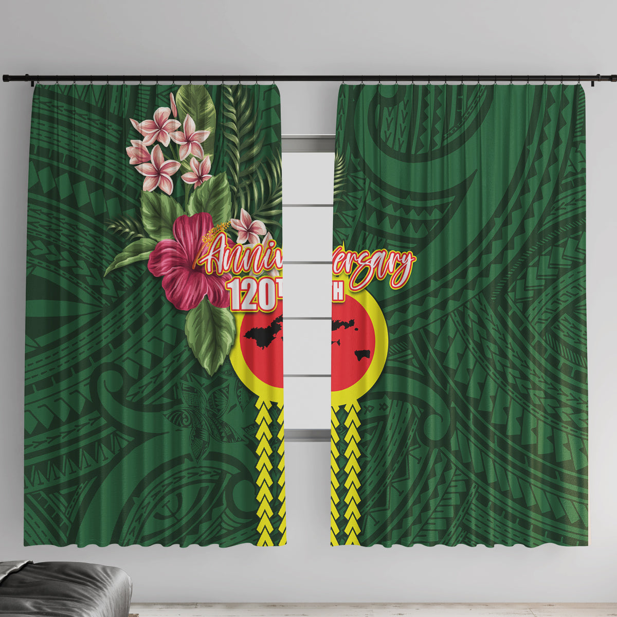 Manu'a Cession Day 120th Anniversary Window Curtain Polynesian Pattern and Hibiscus Flower