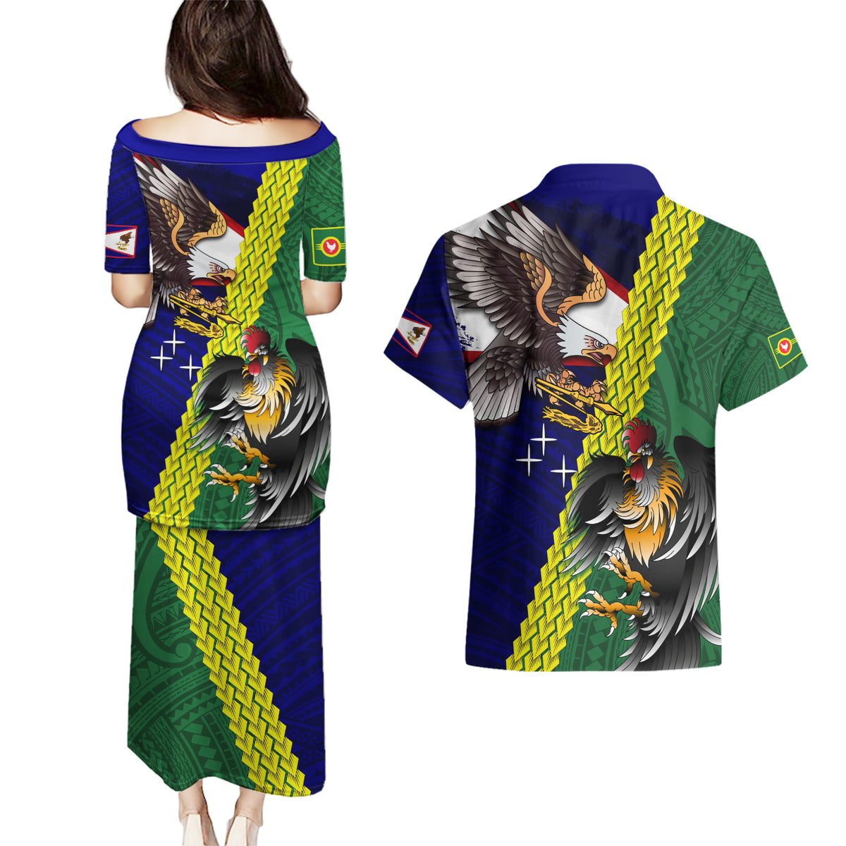 Manu'a Island and American Samoa Couples Matching Puletasi and Hawaiian Shirt Rooster and Eagle Mascot