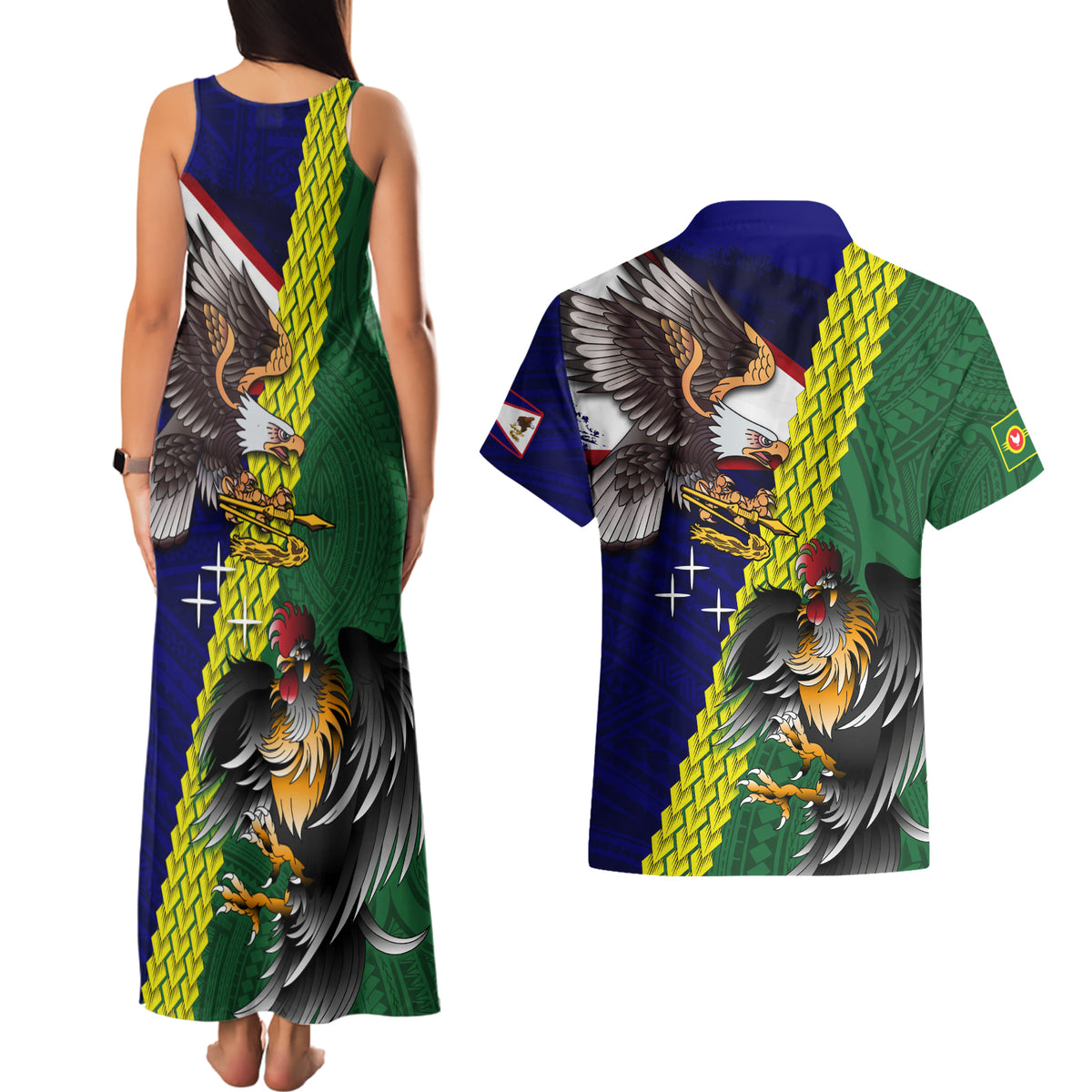 Manu'a Island and American Samoa Couples Matching Tank Maxi Dress and Hawaiian Shirt Rooster and Eagle Mascot