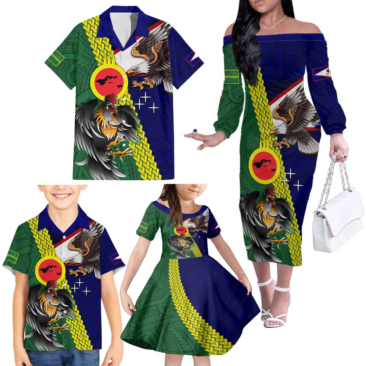 Manu'a Island and American Samoa Family Matching Off The Shoulder Long Sleeve Dress and Hawaiian Shirt Rooster and Eagle Mascot LT03 - Polynesian Pride
