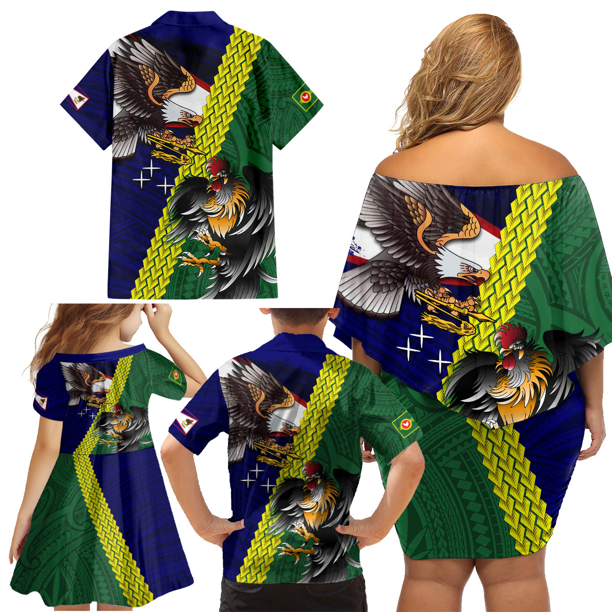 Manu'a Island and American Samoa Family Matching Off Shoulder Short Dress and Hawaiian Shirt Rooster and Eagle Mascot