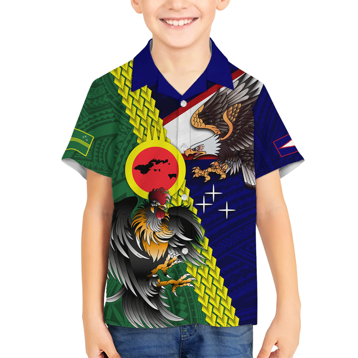 Manu'a Island and American Samoa Family Matching Off Shoulder Short Dress and Hawaiian Shirt Rooster and Eagle Mascot