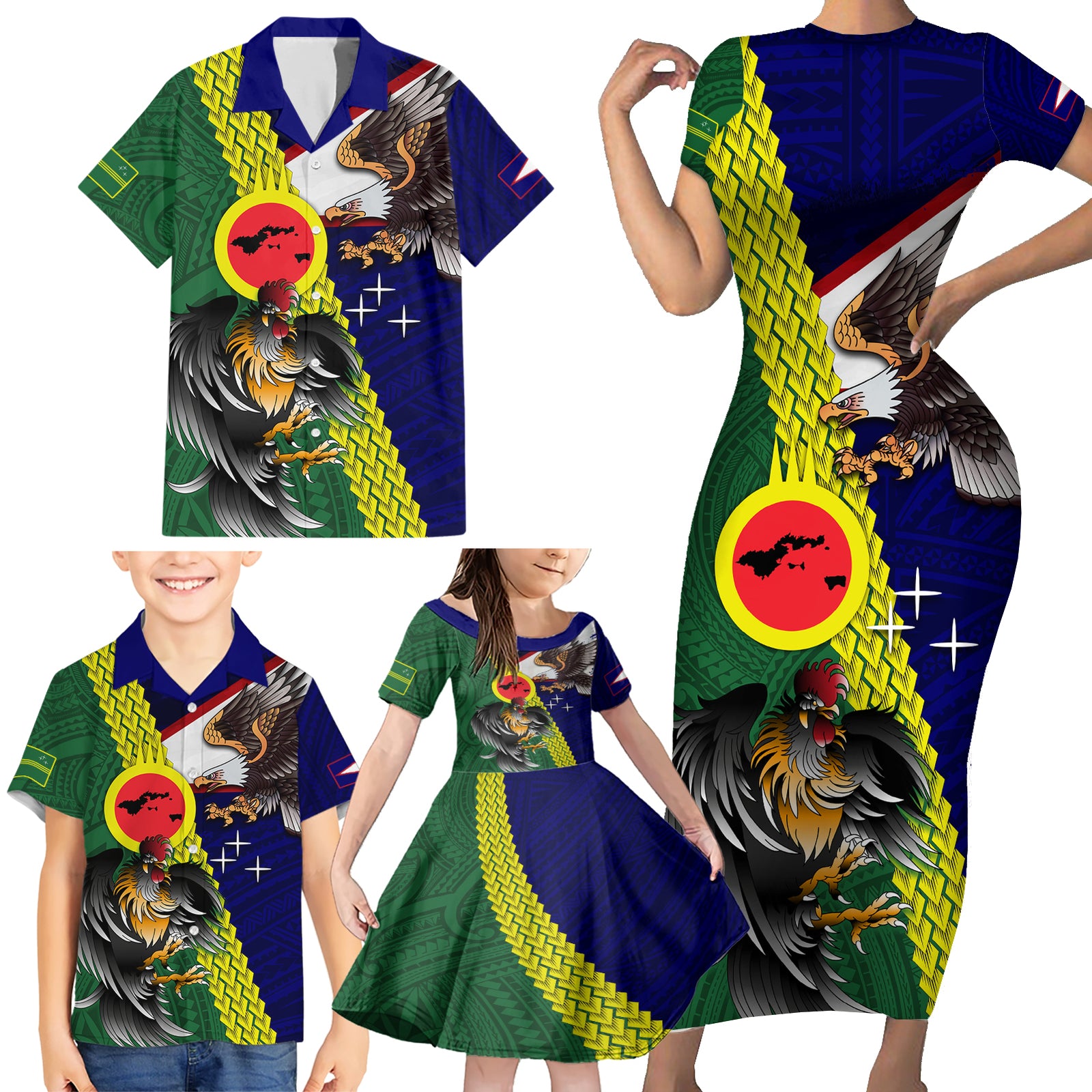 Manu'a Island and American Samoa Family Matching Short Sleeve Bodycon Dress and Hawaiian Shirt Rooster and Eagle Mascot LT03 - Polynesian Pride
