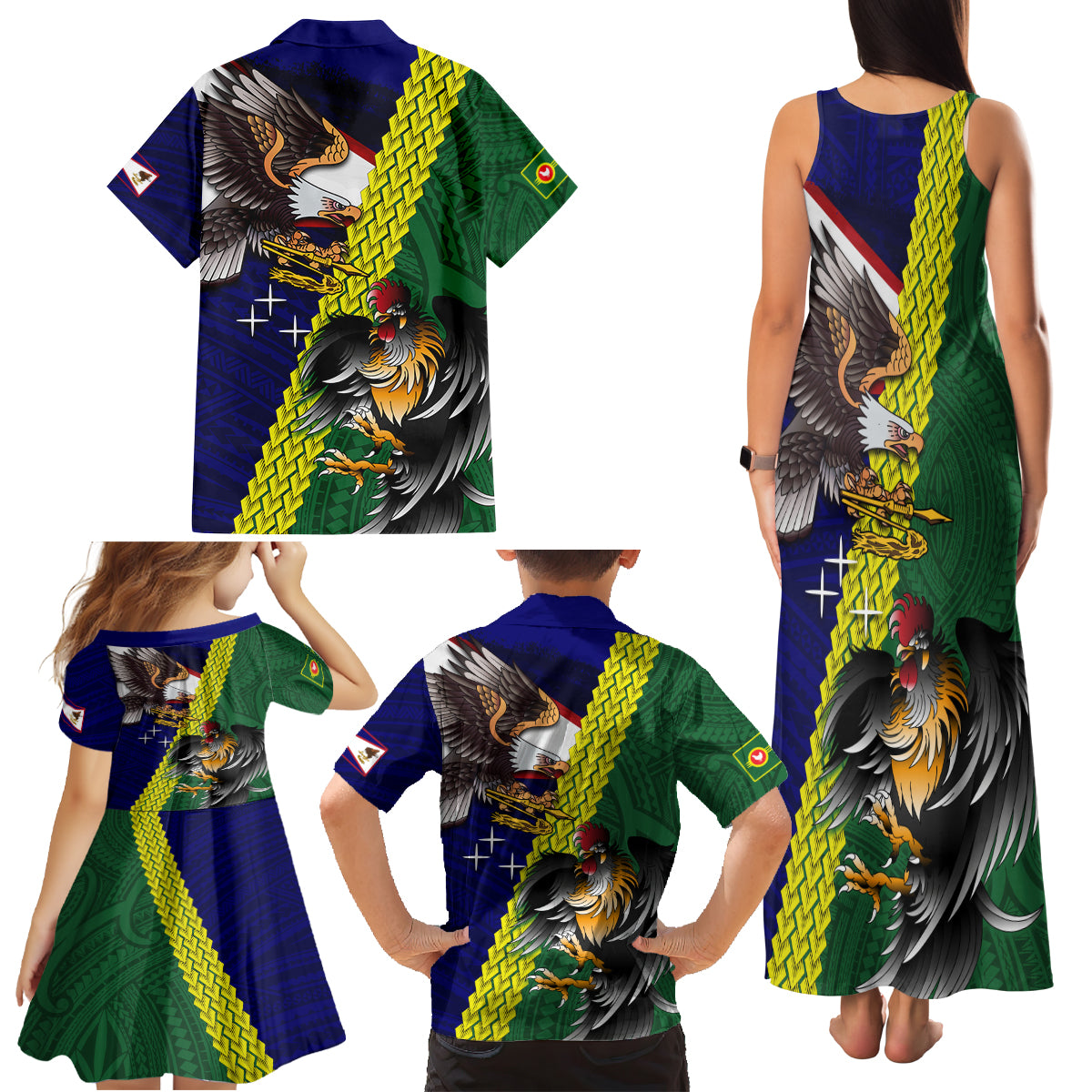 Manu'a Island and American Samoa Family Matching Tank Maxi Dress and Hawaiian Shirt Rooster and Eagle Mascot