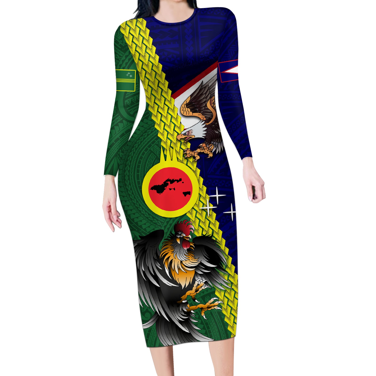 Manu'a Island and American Samoa Long Sleeve Bodycon Dress Rooster and Eagle Mascot LT03 Long Dress Green - Polynesian Pride