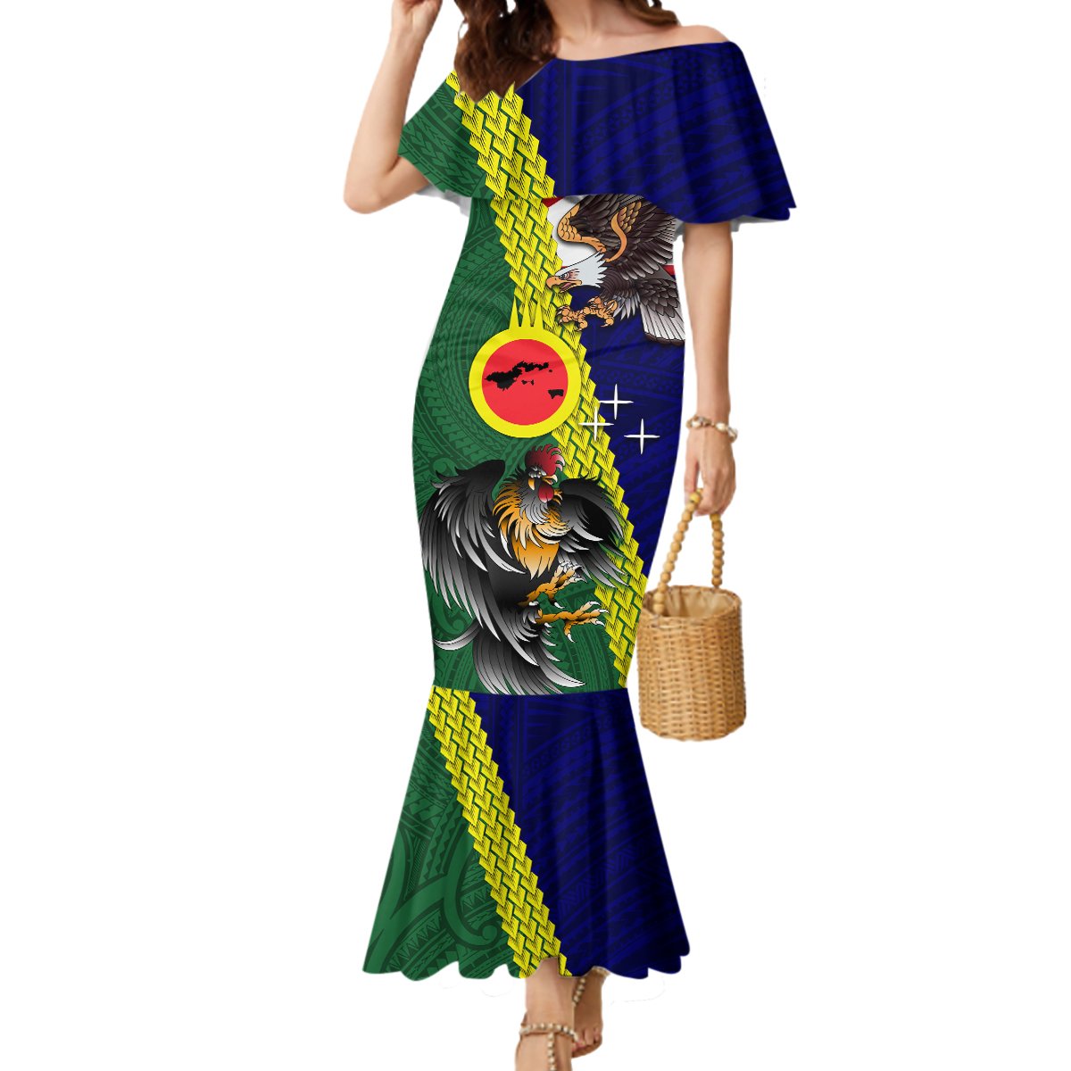Manu'a Island and American Samoa Mermaid Dress Rooster and Eagle Mascot LT03 Women Green - Polynesian Pride