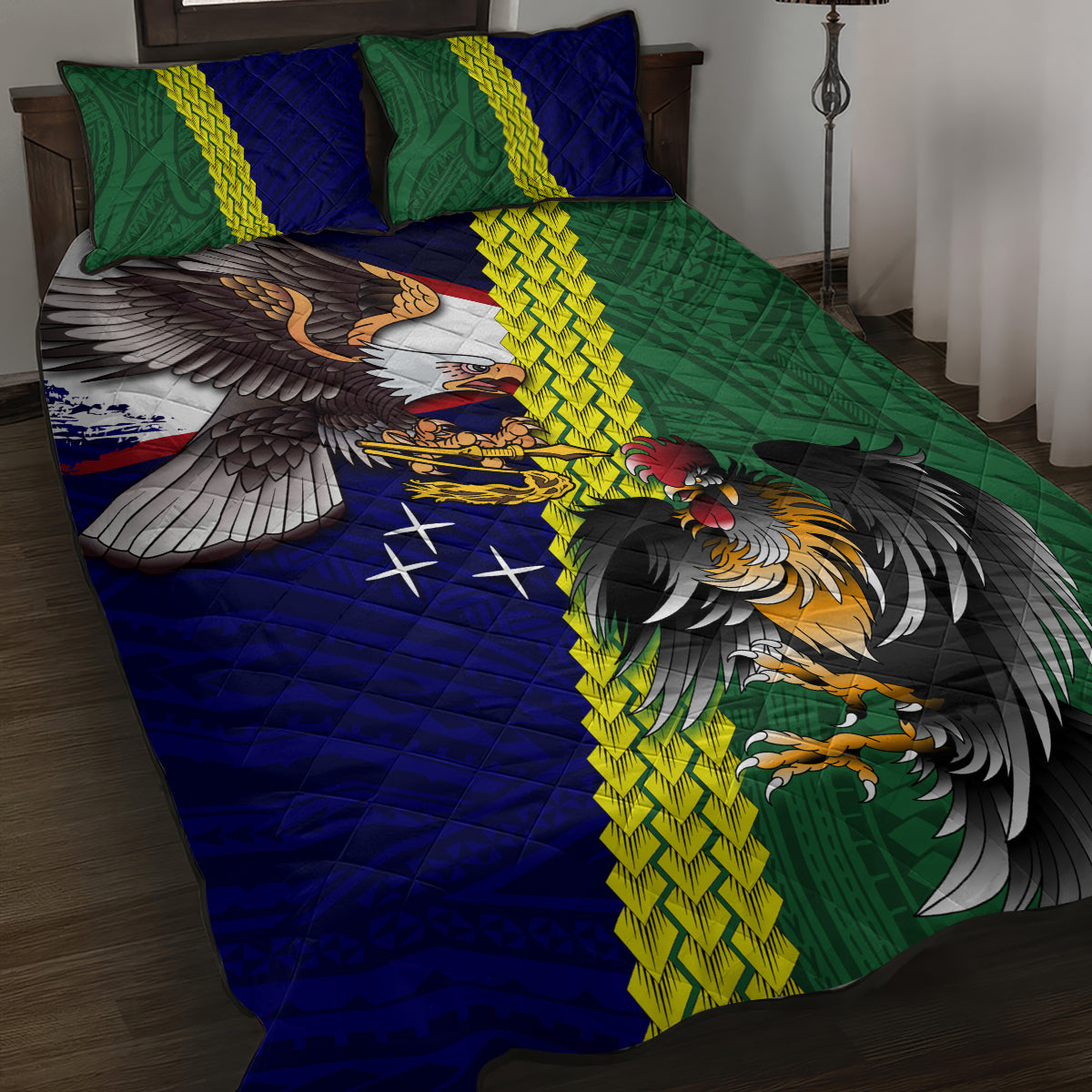 Manu'a Island and American Samoa Quilt Bed Set Rooster and Eagle Mascot LT03 Green - Polynesian Pride