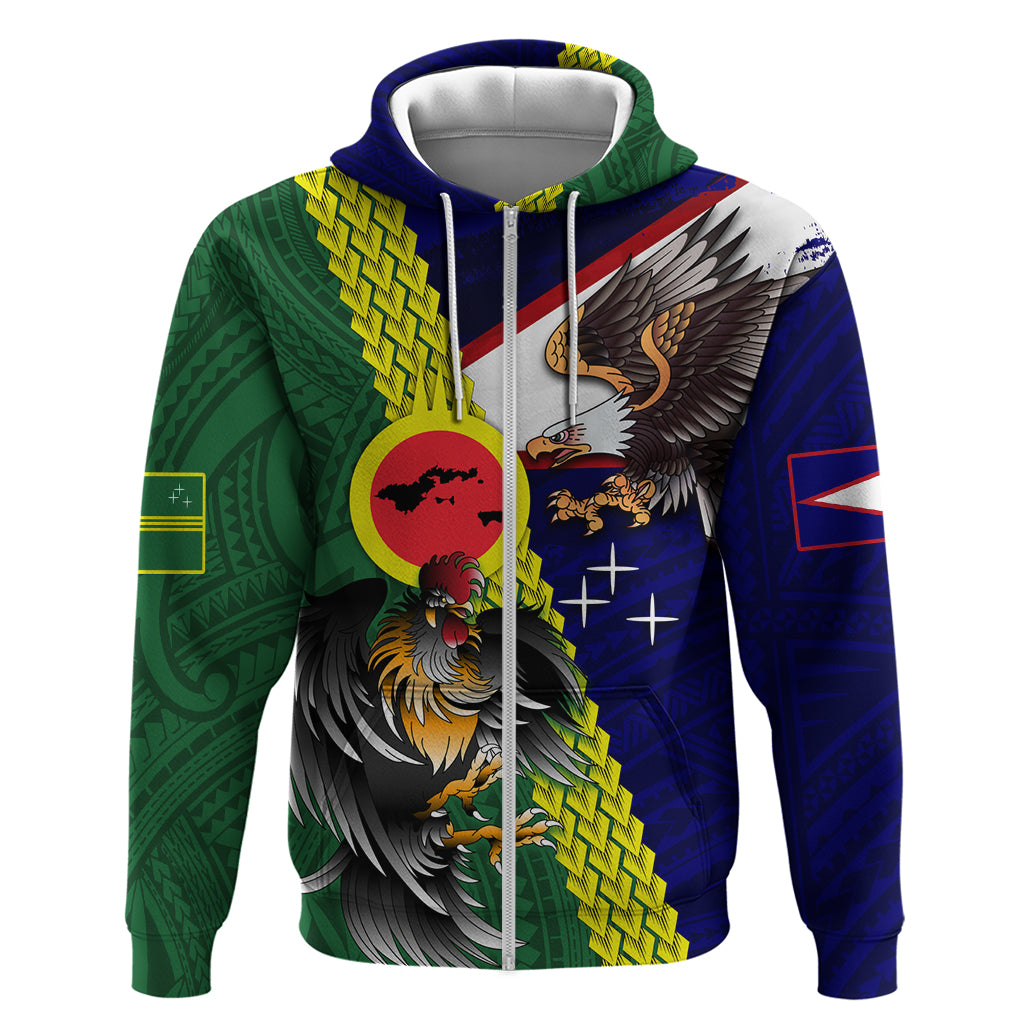 Manu'a Island and American Samoa Zip Hoodie Rooster and Eagle Mascot LT03 Zip Hoodie Green - Polynesian Pride