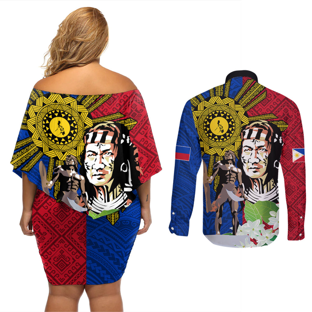Philippines Lapu-Lapu Couples Matching Off Shoulder Short Dress and Long Sleeve Button Shirt Filipino Sun Tattoo With Yakan Pattern