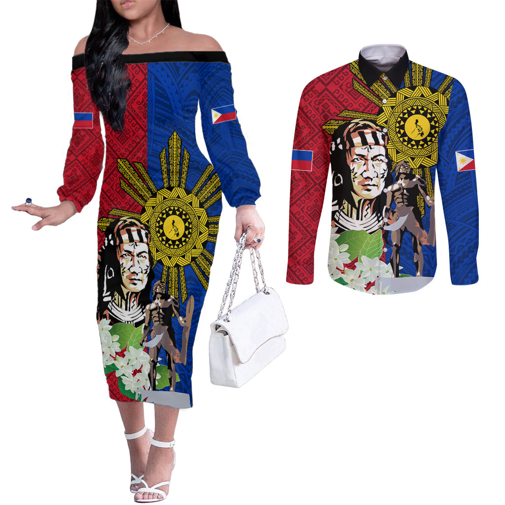 Philippines Lapu-Lapu Couples Matching Off The Shoulder Long Sleeve Dress and Long Sleeve Button Shirt Filipino Sun Tattoo With Yakan Pattern