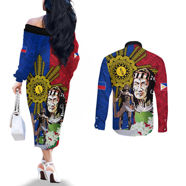 Custom Hela Wigmen Rugby Couples Matching Off The Shoulder Long Sleeve Dress and Long Sleeve Button Shirts Papua New Guinea Polynesian Tattoo LT03
