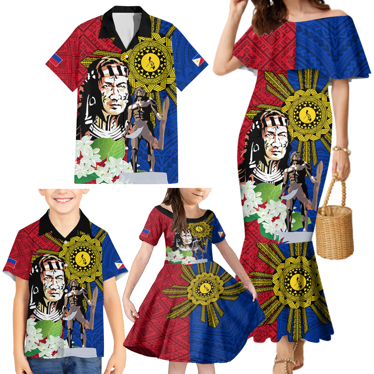 Philippines Lapu-Lapu Family Matching Mermaid Dress and Hawaiian Shirt Filipino Sun Tattoo With Yakan Pattern