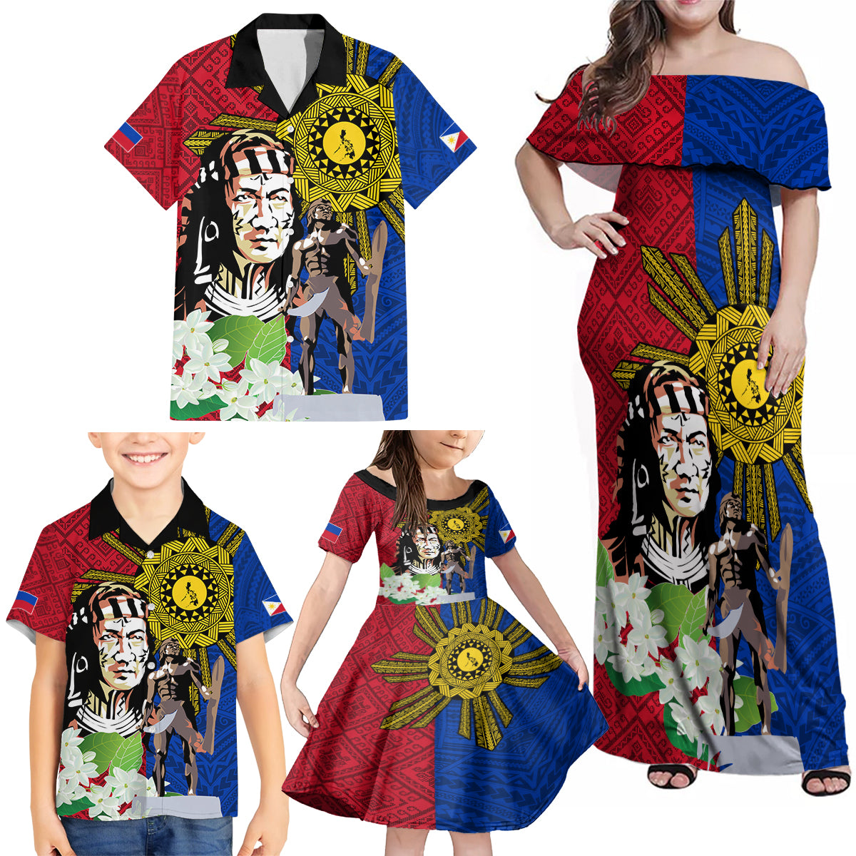 Philippines Lapu-Lapu Family Matching Off Shoulder Maxi Dress and Hawaiian Shirt Filipino Sun Tattoo With Yakan Pattern