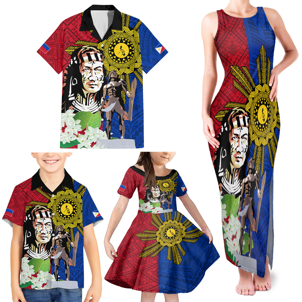 Philippines Lapu-Lapu Family Matching Tank Maxi Dress and Hawaiian Shirt Filipino Sun Tattoo With Yakan Pattern
