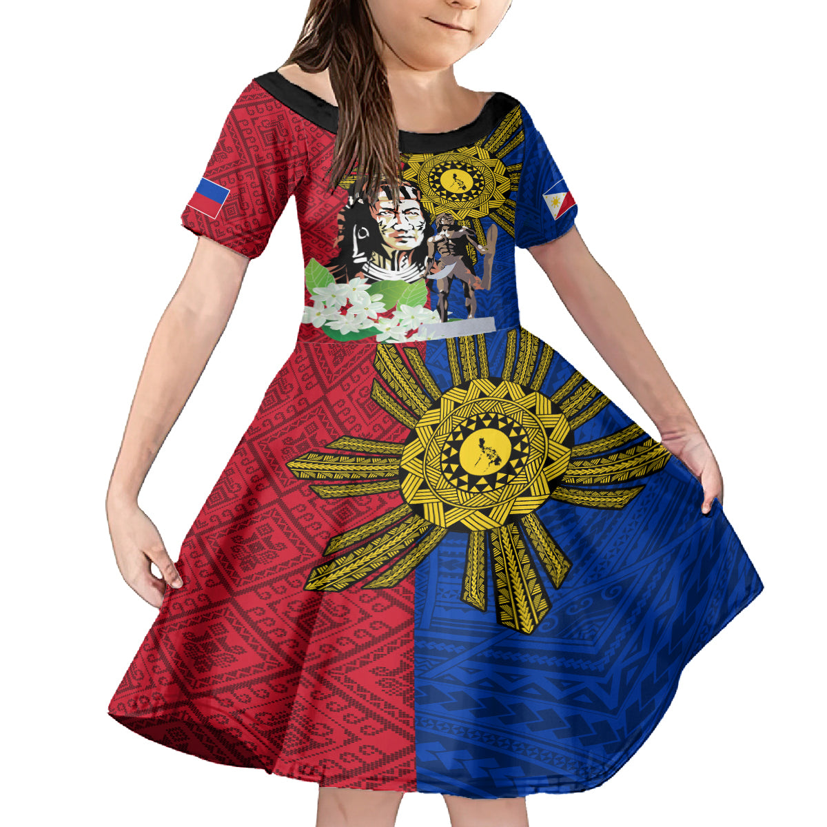 Philippines Lapu-Lapu Kid Short Sleeve Dress Filipino Sun Tattoo With Yakan Pattern