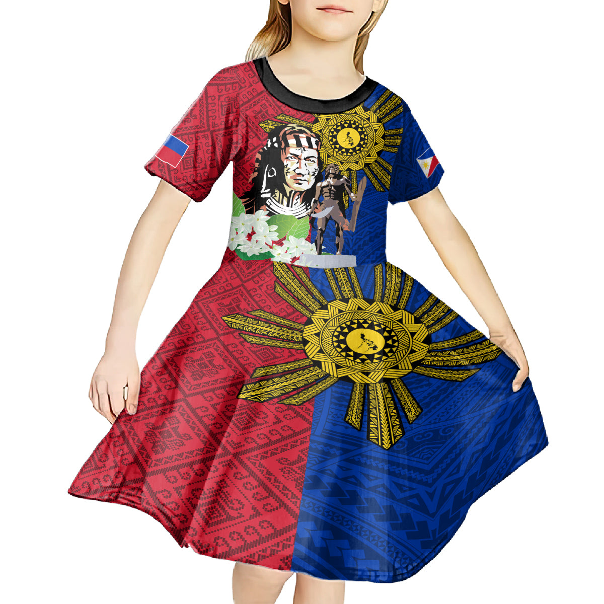 Philippines Lapu-Lapu Kid Short Sleeve Dress Filipino Sun Tattoo With Yakan Pattern